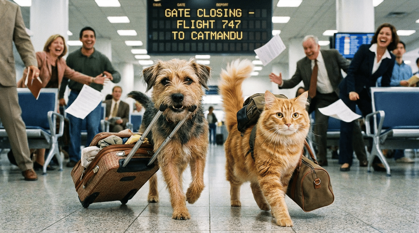A small dog at the airport ready for a trip
